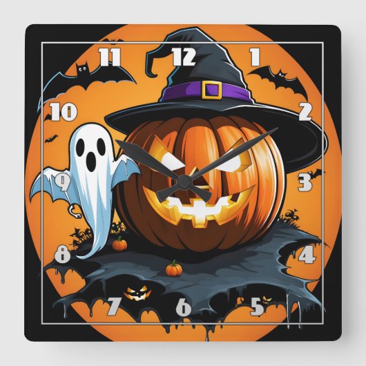 ハロウィン幽霊は彫られたカボチャの横に浮かぶ スクエア壁時計 (正面)