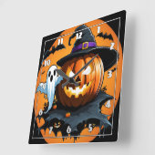 ハロウィン幽霊は彫られたカボチャの横に浮かぶ スクエア壁時計 (傾斜)