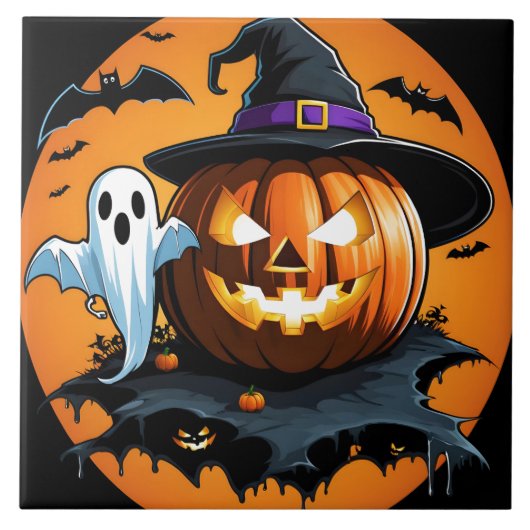 ハロウィン幽霊は彫られたカボチャの横に浮かぶ タイル (正面)