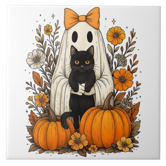 ハロウィン幽霊ホールディングブラックキャット タイル (正面)
