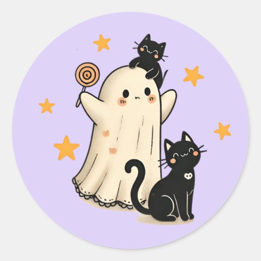 ハロウィン幽霊&かわいい黒猫たち ラウンドシール (正面)
