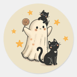 ハロウィン幽霊&かわいい黒猫たち ラウンドシール