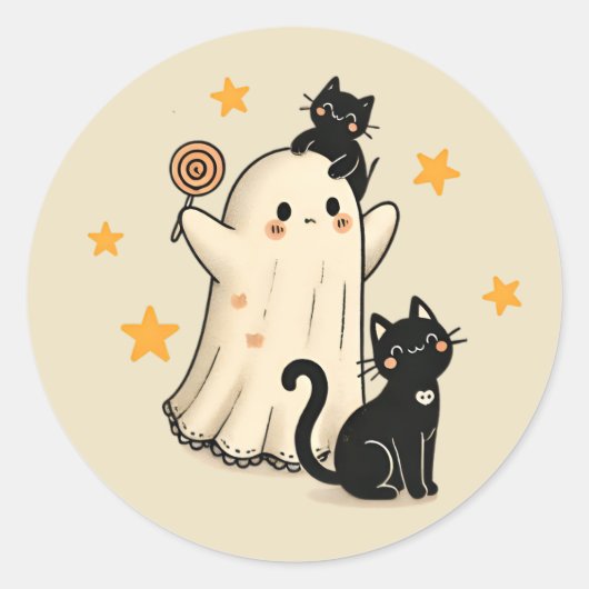 ハロウィン幽霊&かわいい黒猫たち ラウンドシール (正面)