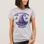 ハロウィン愉快な魔女たち パープルギンガム魔女の帽子 Tシャツ (正面)