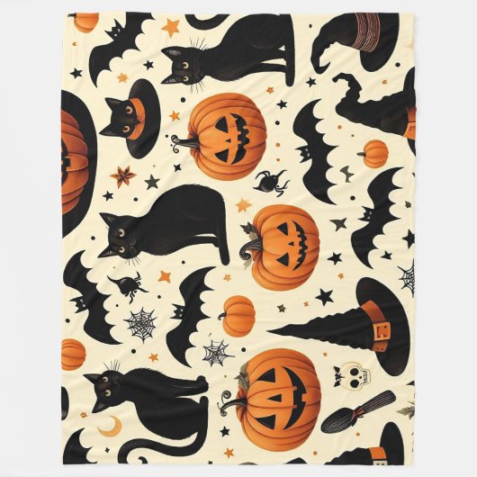 ハロウィン柄の黒猫とかぼちゃのパターン フリースブランケット (正面)