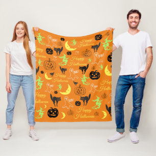 ハロウィン柄オレンジ フリースブランケット