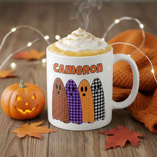 ハロウィン柄チェックギンガムのオバケ コーヒーマグカップ