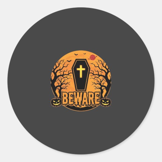 ハロウィン棺桶 Beware パンプキンホラー デザイン_1 ラウンドシール (正面)