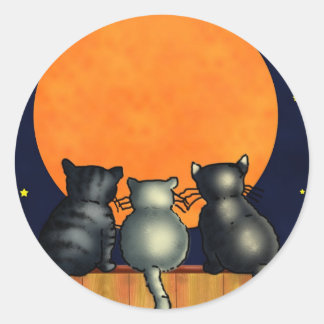 ハロウィン猫が月を見る – ヴィンテージスタイル ラウンドシール