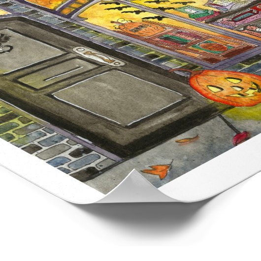 ハロウィン猫とブックショップ水彩画のポスター ポスター (角)