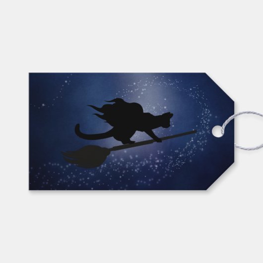 ハロウィン猫と箒を組んで夜空を楽しむラベル ギフトタグ (正面(横))