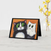 ハロウィン猫の幽霊のGoings カード (黄色い花)