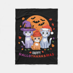 ハロウィン猫サンクスハッピーハロー フリースブランケット