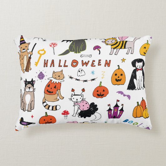 ハロウィン猫ヴィンテージ線パターン アクセントクッション (正面)