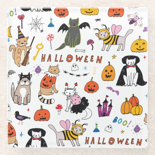 ハロウィン猫ヴィンテージ線パターン ガラスコースター (正面)