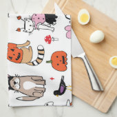 ハロウィン猫ヴィンテージ線パターン キッチンタオル (四つ折り)