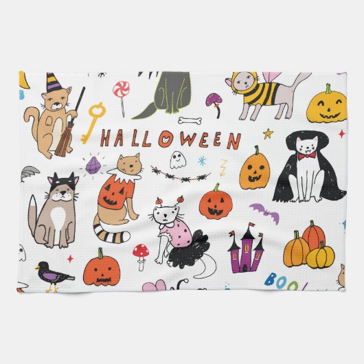 ハロウィン猫ヴィンテージ線パターン キッチンタオル (横)