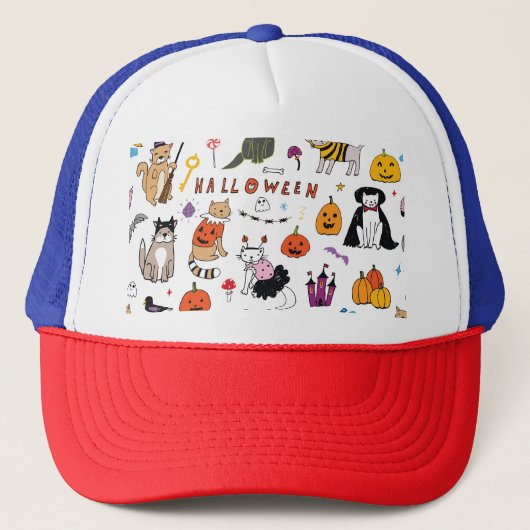 ハロウィン猫ヴィンテージ線パターン キャップ (正面)