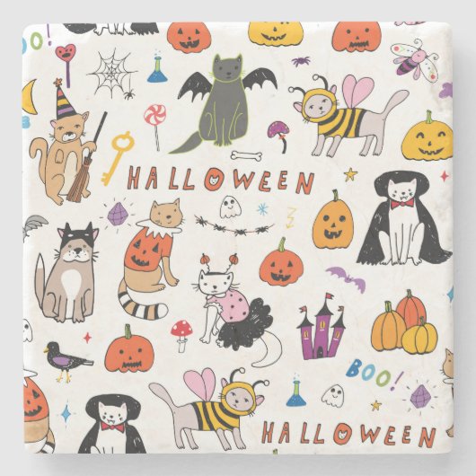 ハロウィン猫ヴィンテージ線パターン ストーンコースター (正面)