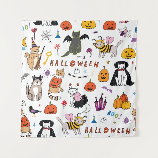 ハロウィン猫ヴィンテージ線パターン タペストリー (正面)