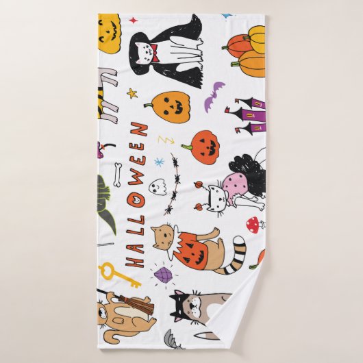 ハロウィン猫ヴィンテージ線パターン バスタオル (バスタオル)