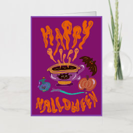 ハロウィン猫好き魔女のコーヒーカップ 箔グリーティングカード