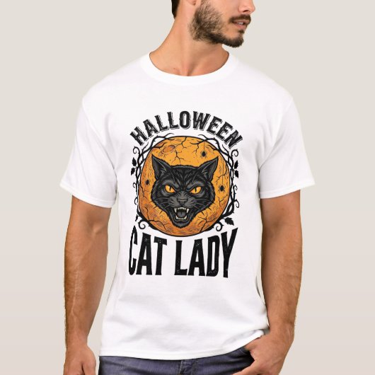 ハロウィン猫婦人ヴィンテージ黒猫Tシャツデザイン Tシャツ (正面)