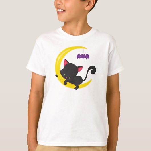 ハロウィン猫，かわいい猫，黒猫，月，こうもり Tシャツ (正面)