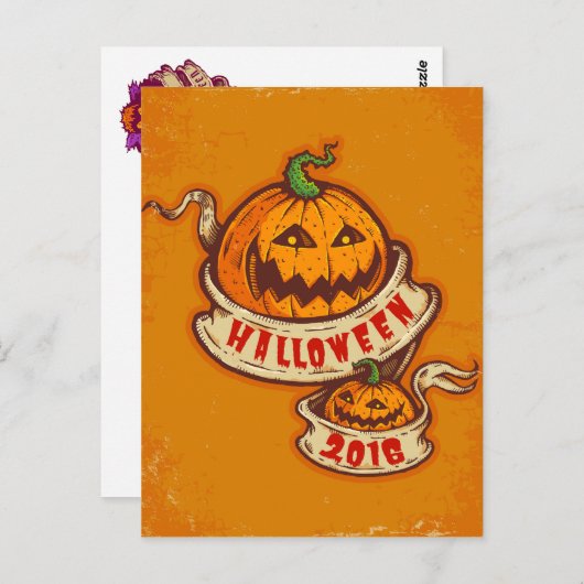 ハロウィン用のパンプキンと古いリボン ポストカード (正面/裏面)