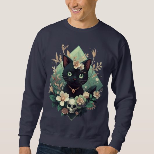 ハロウィン用の花柄黒猫ドクロピクセルアート スウェットシャツ (正面)