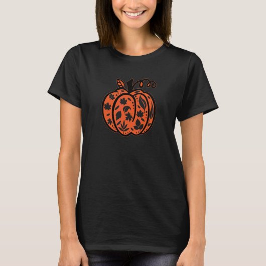 ハロウィン用の落ち着いた引用符付きのカボチャの秋の花 Tシャツ (正面)