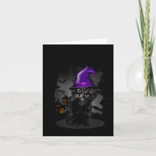 ハロウィン用の面白い黒猫魔女の帽子 カード (正面)