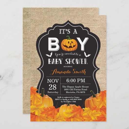 ハロウィン男の赤ちゃんシャワー招待状カードバーラップ 招待状 (正面/裏面)