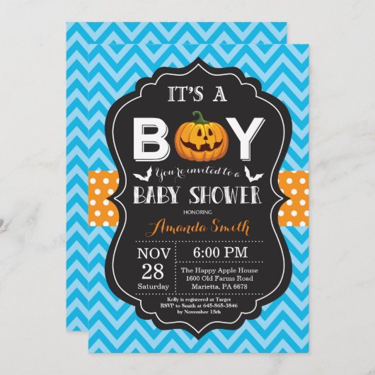 ハロウィン男の赤ちゃんシャワー招待状ブルーシェブロン 招待状 (正面/裏面)