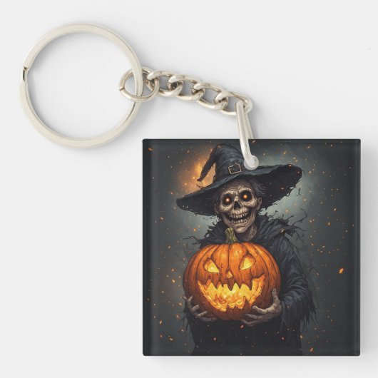 ハロウィン🎃発光カボチャの魔女スケルトン キーホルダー (正面)