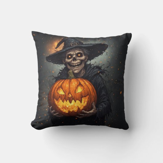 ハロウィン🎃発光カボチャの魔女スケルトン クッション (正面)