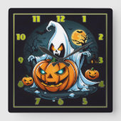 ハロウィン白熱［赤熱］光を放つにカボチャのある幽霊 スクエア壁時計 (正面)