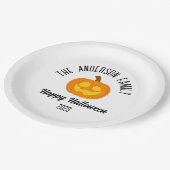 ハロウィン白熱［赤熱］光を放つカボチャ顔パーソナライズされた名 ペーパープレート (アングル)