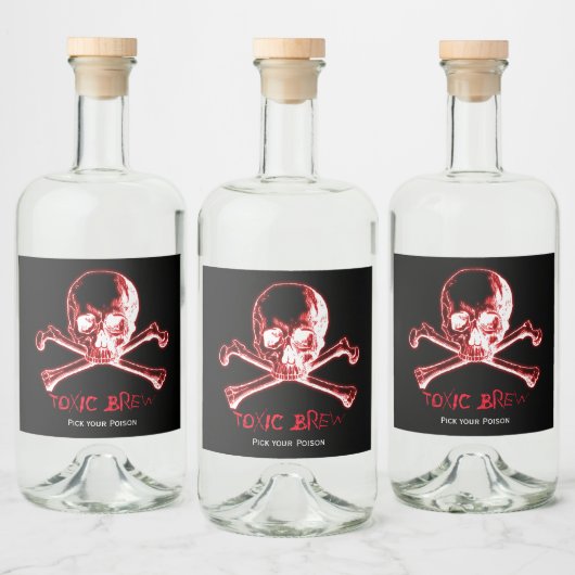 ハロウィン白熱［赤熱］光を放つスカルとクロスボーン リキュールボトルラベル (ボトル)