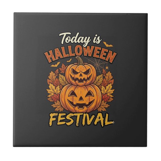ハロウィン祭りの今日、積まれたカボチャ クモ タイル (正面)