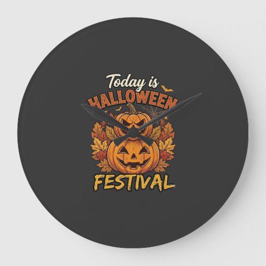 ハロウィン祭りの今日、積まれたカボチャ クモ ラージ壁時計 (正面)
