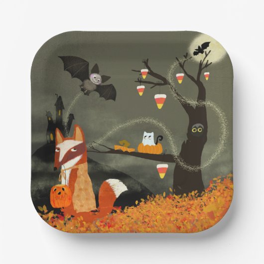 ハロウィン紙皿 おばけのコウモリとキツネ ペーパープレート (正面)