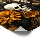 ハロウィン素晴らしパターンの花と白いスカル ポスター (角)