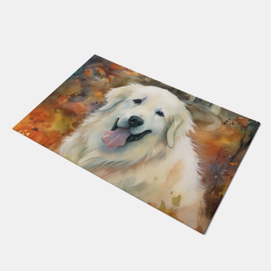 ハロウィン素晴らしピレネーとカボチャ怖い ドアマット (アングル)