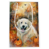 ハロウィン素晴らしピレネーとカボチャ怖い ミディアムペーパーバッグ (正面)