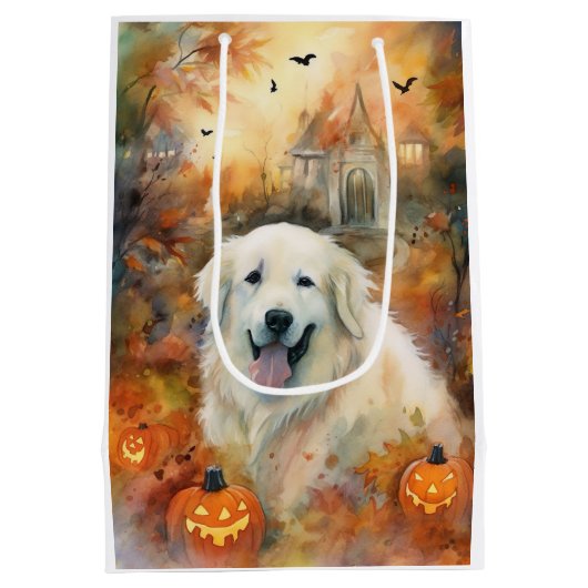 ハロウィン素晴らしピレネーとカボチャ怖い ミディアムペーパーバッグ (裏面)