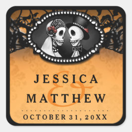 ハロウィン結婚のオレンジ色の黒いスケルトンありがとう スクエアシール
