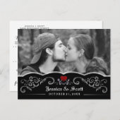 ハロウィン結婚のスケルトンハート写真救日付 案内ポストカード (正面/裏面)