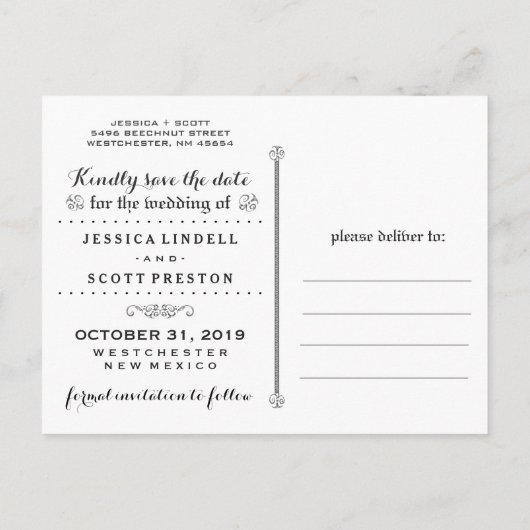 ハロウィン結婚のスケルトンハート写真救日付 案内ポストカード (裏面)