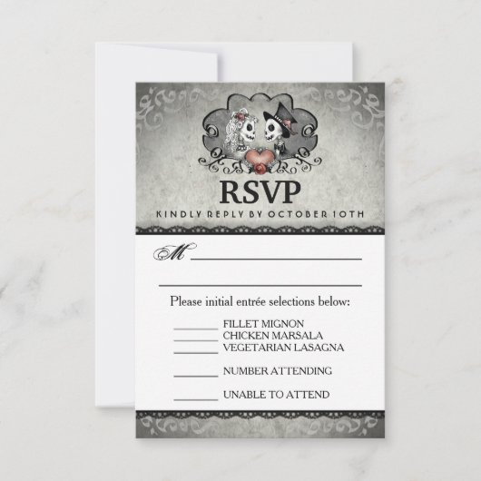 ハロウィン結婚のブラックグレーマッチングメニューRSVP 出欠カード (正面)
